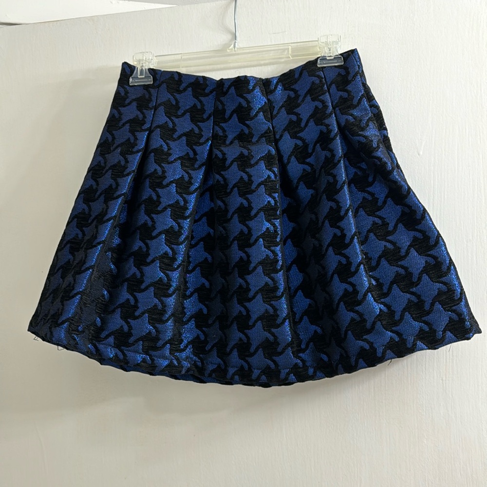 2010s twee blue shimmer mini skirt with black houndstooth print